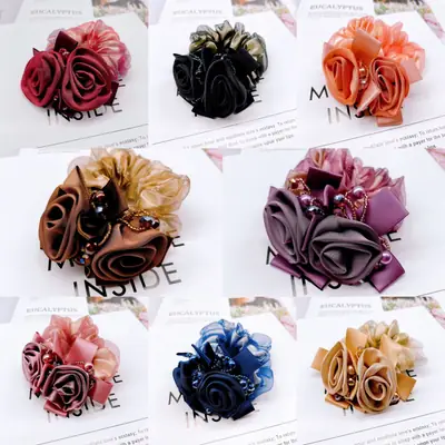 Blue Chiffon Rose Silk Hair Band with Beaded Circles
