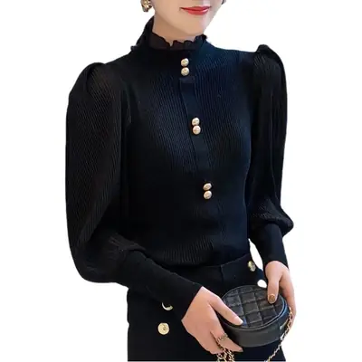 Women Ruffled Chiffon Patchwork Sweater Brown 2022