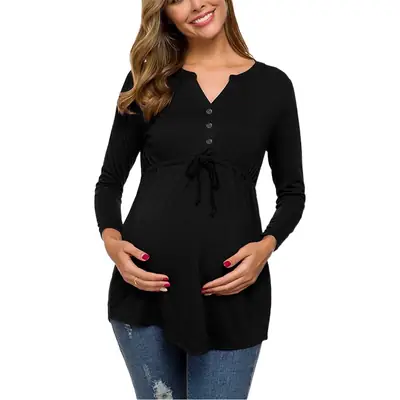 V-Neck Long Sleeve Nursing Top with Waist Lace-Up Design