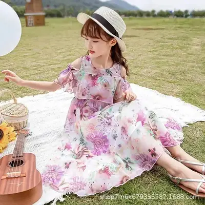 Girls Printed Off-Shoulder Dress 2021 Summer