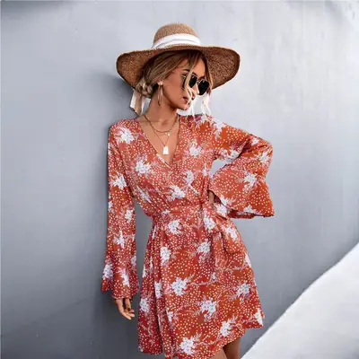 Bell Sleeve V-Neck Printed Long Sleeve Dress