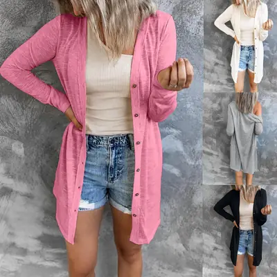 Women Long Button Cardigan Pink Solid Color Casual Wear