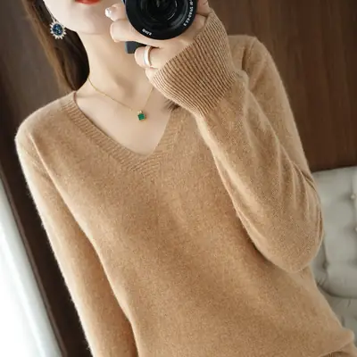 Red V Neck Long Sleeve Knit Pullover Women