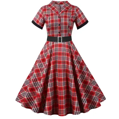 Vintage Plaid Bell Belt Casual Dress Red Black