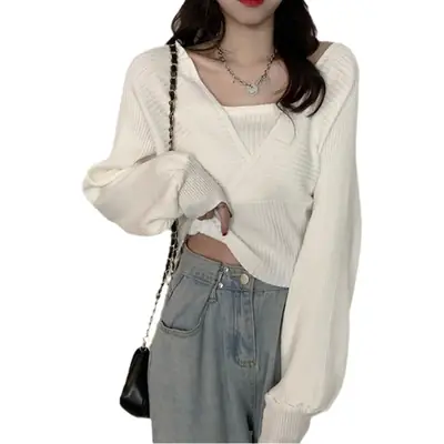 Black Knitted Square Collar Long Sleeve Top 2023