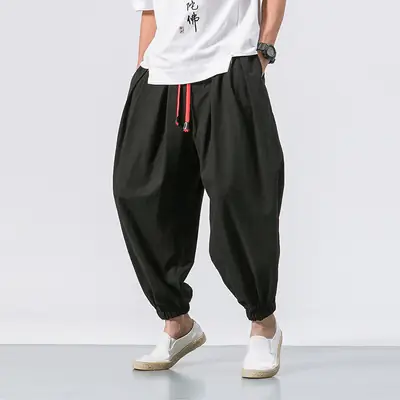 Men Loose Fit Harem Pants Black Cotton Large