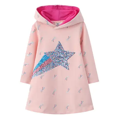 Girls Hooded Dress Pink Star Sequin Long Sleeve
