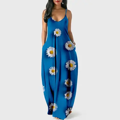 Daisy Floral 3D Printed Strap Dress Green