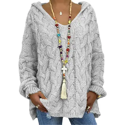 Women's Maroon Knitted V-Neck Hooded Sweater M604