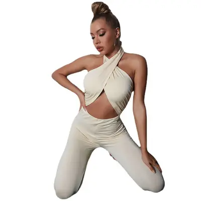 Women's White Silk Jumpsuit Set Slim Fit Hollow Backless Neck Crossed Tights