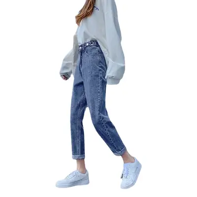 Women's Thin Adjustable High Waist Jeans Summer New Korean Style Wide Leg Cropped Straight Radish Harem Trendy Pants
