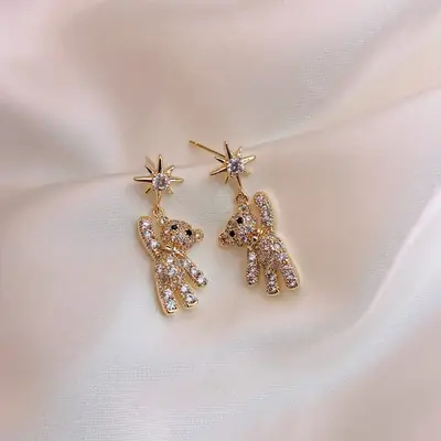Korean Style Bear Earrings Star Diamond S925 Silver