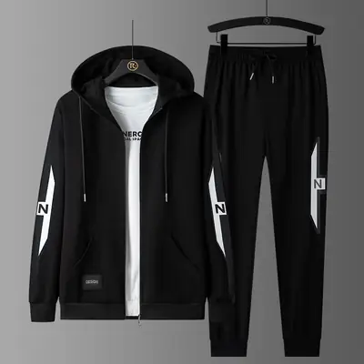 Men Black Hoodie Track Suit with White Stripes