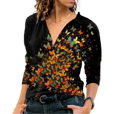 2023 V Neck Printed Long Sleeve Harajuku Women T-Shirt Black
