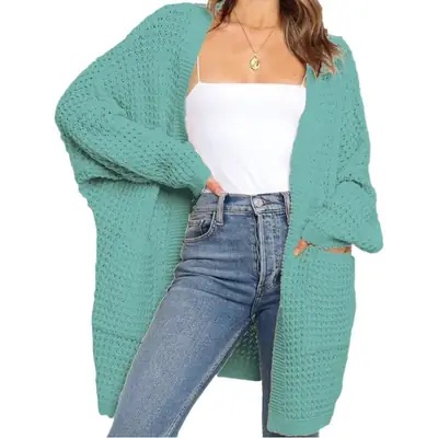 Women's Loose Woven Knitted Cardigan Teal Large