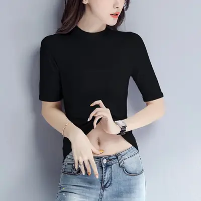 Women Black Round Neck V Neck T-Shirt Slimming Look
