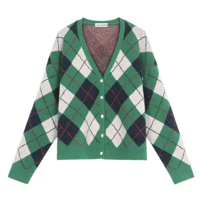 Green Diamond Knit V Neck Top for Women
