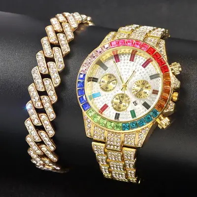 Cross-Border Cuban Bracelet Watch with Colored Diamonds