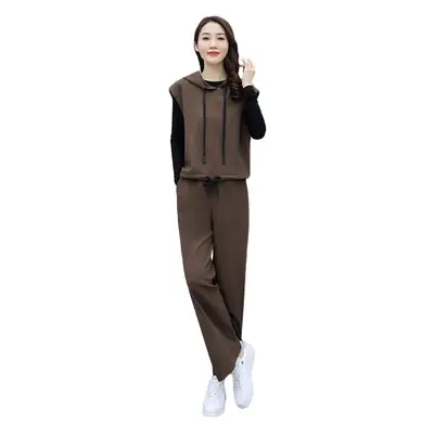 Women's 2-Piece Brown Hooded Vest & Wide Leg Pants Set