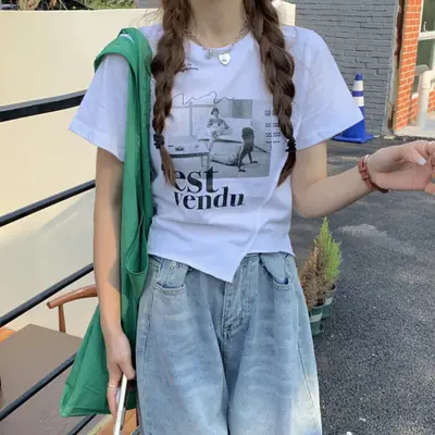 Women Black Printed T-Shirt Summer 2025 Slim Fit