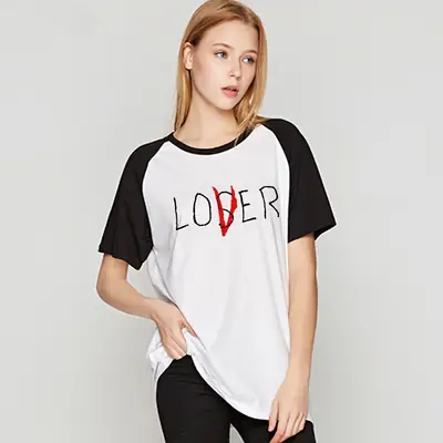 Lover Loser Raglan Print T-Shirt White Black Plus Size