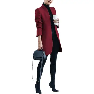 Women Wool Coat Blue Solid Collar Winter