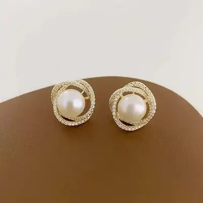 Guan Yu Pearl Earrings S925 Gold Full Diamond