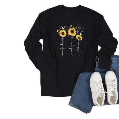 Black Sunflower Print Long Sleeve T-Shirt with Belt