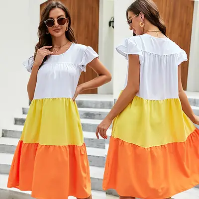 3-Color Patchwork Summer Dress Casual Flutter Sleeves