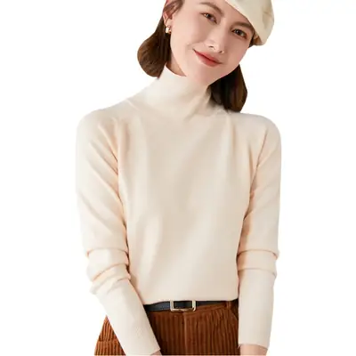 Women Pink Turtleneck Sweater Long Sleeve Knitwear