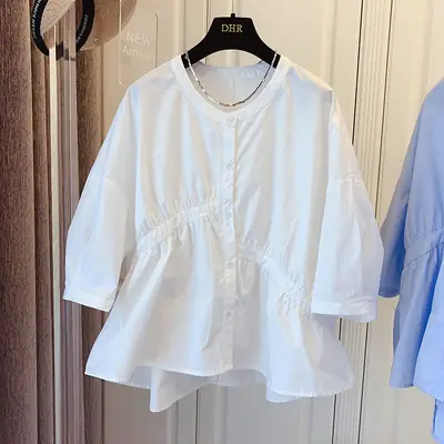 Light Blue Korean Style Pleated Cotton Top for Girls