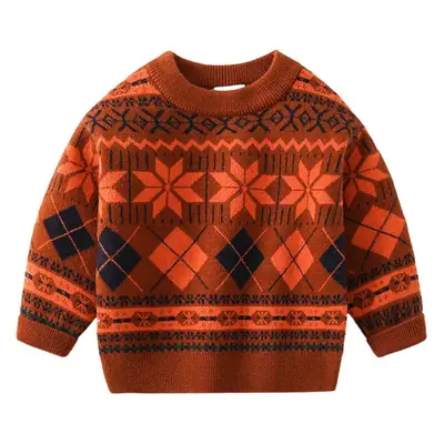 2024 Kids Round Neck Sweaters Orange Pattern Medium Small