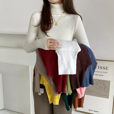 Women Korean Style Turtleneck Top Long Sleeve Brown