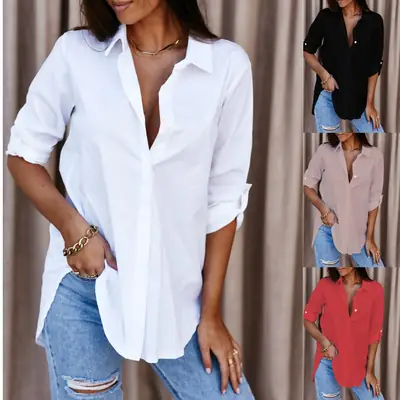 Black 2021 Button Long Sleeve V Collar Shirt for Women