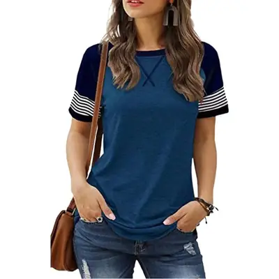 Women's Blue Cross Stitch Casual T-Shirt Short Sleeve