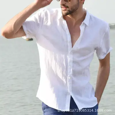 Men's Light Blue Short Sleeve Lapel Shirt Summer Wear