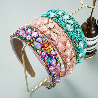 Crystal Wide Brim Headband with Broken Turquoise & Pearls