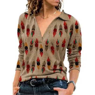 Women's Blue Feather Print V-Lapel T-Shirt