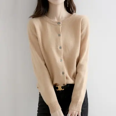 Women Red Knitted Round Neck Cardigan 2023