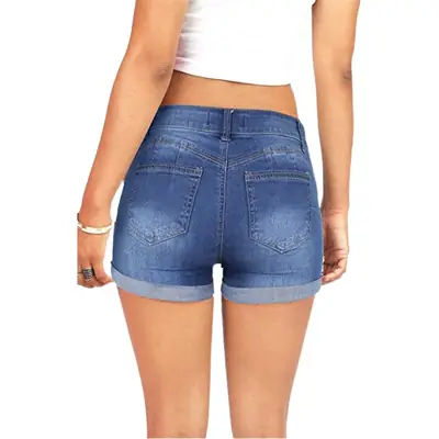 Women Cuffed Denim Shorts Blue High Waist Trendy