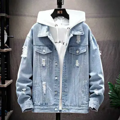 Men Blue Ripped Hoodie Denim Jacket Washable