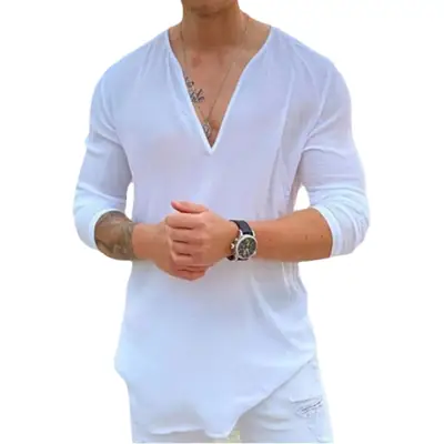 Men's V Neck Pure Color T-Shirt Long Sleeves Casual 2025