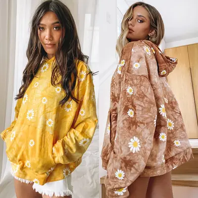 Women Cross-Border Daisy Tie-Dye Hooded Sweatshirt Brown