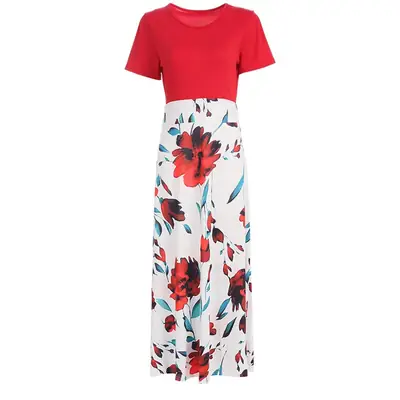 Long Sleeve Floral Print Dress Red White Skirt Set
