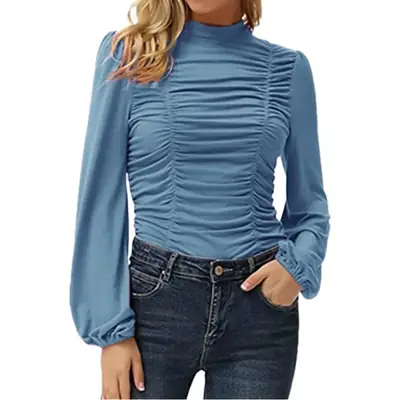2024 Blue Long Sleeve High Neck Women's T-Shirt