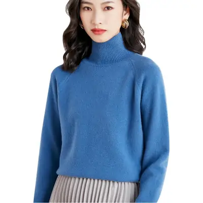 2025 Winter Women's Blue Knitted Turtleneck Sweater