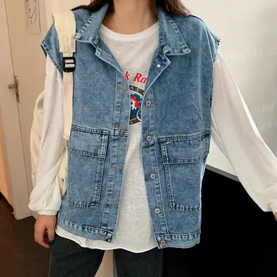 Women Denim Vest Mid Length 2022 Loose Outerwear