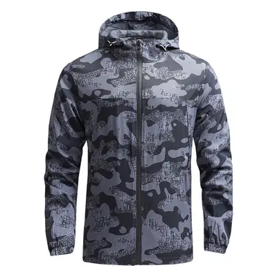 Men's Grey Camo Windbreaker Jacket Spring Autumn Lightweight Outdoor Wear