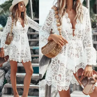 White Lace Long Sleeve Beach Skirt Set for Women