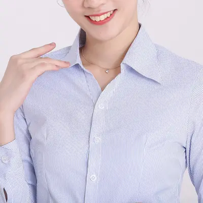 Women's White Short Sleeve Shirt with Blue Stripe Bank Work Design Large